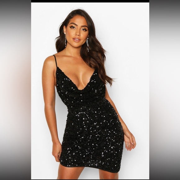 Boohoo Full Sequin Cowl Neck Asymmetric Mini Dress - Picture 1 of 2